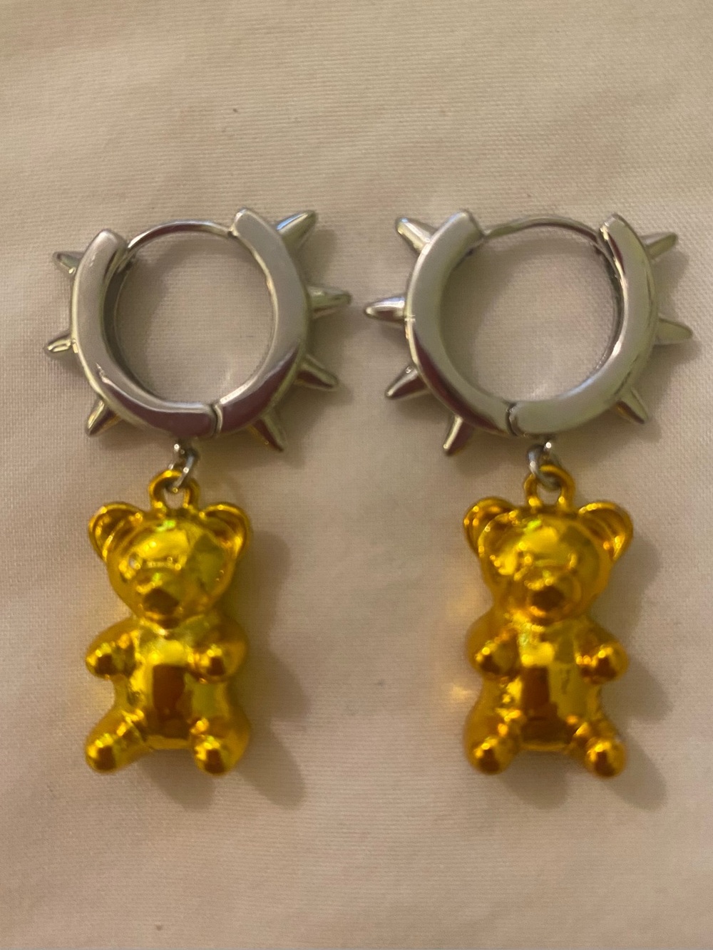 Betsey Johnson Silver Spike Hoop Earrings with Gold Teddy Bear Charms